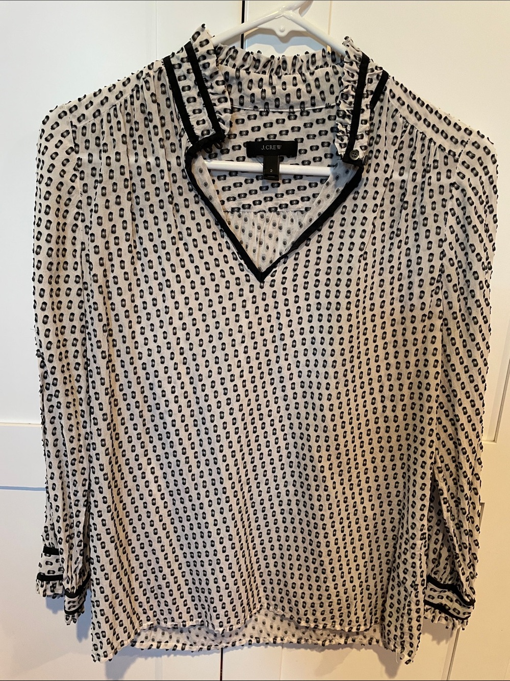 J. Crew Black and White V-Neck Printed Blouse, Silk blend.  Early 2000’s